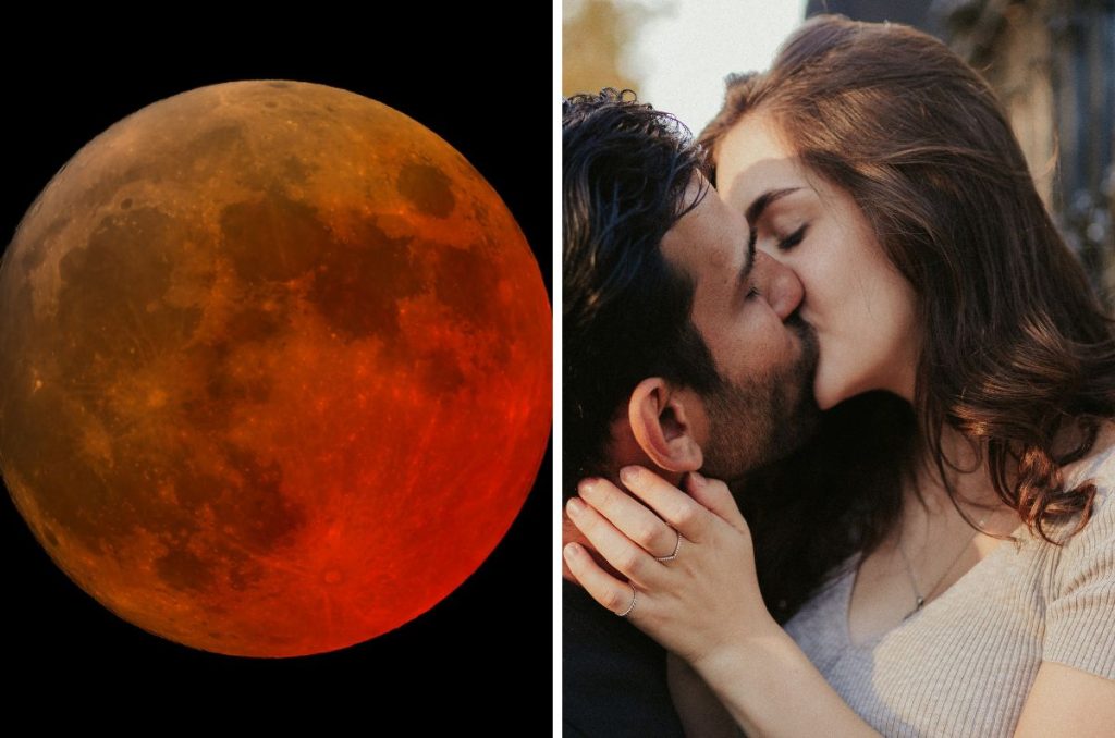 Luna de sangre ritual para el amor pareja que se besa