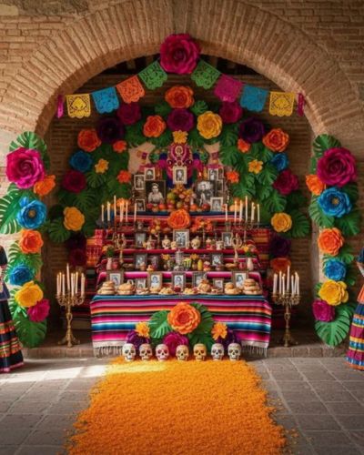 Altar de Día de Muertos de 7 niveles con flores, papel picado, fotografías y comida
