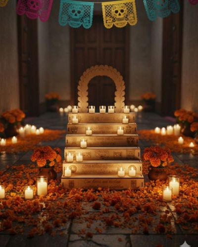 Ofrenda aesthetic con velas y flores como decoración