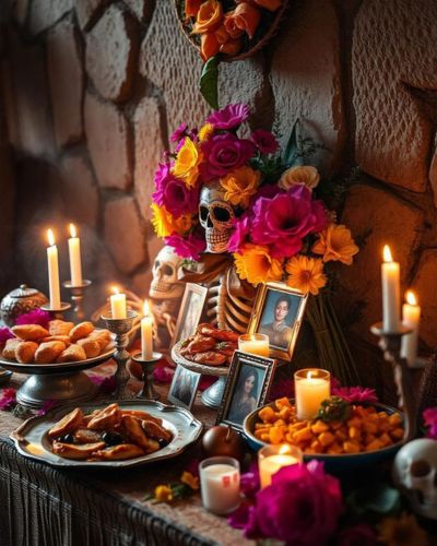 Altar de muertos con platillos tradicionales mexicana