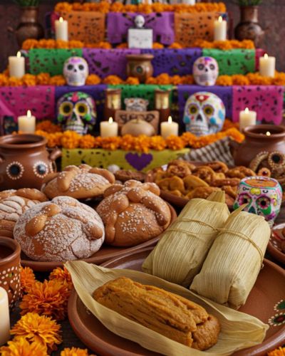 Altar de muertos con platillos tradicionales como: panes de muerto, tamales y chocolate