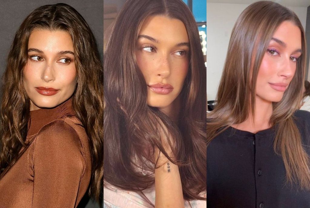 Collage de tres fotos de Hailey Bieber mostrando su cabello castaño chocolate peinado lacio, ondulado y con ondas suaves, un tono cálido que realza su piel y luce elegante