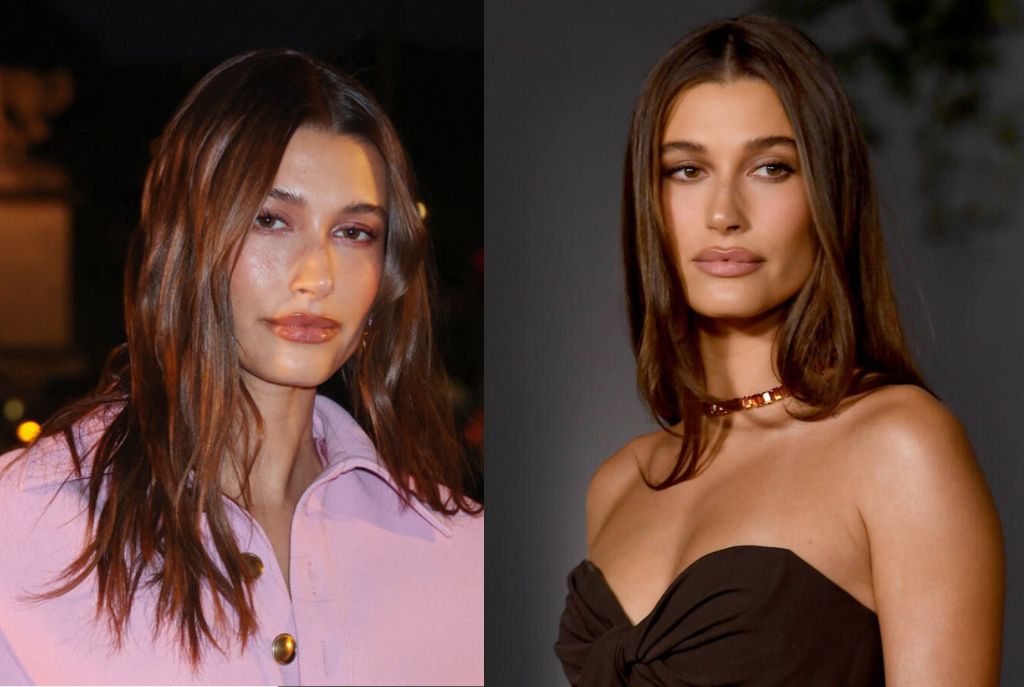 Collage de dos fotos de Hailey Bieber mostrando su cabello en tono chocolate suave y elegante, luciendo moderno y espectacular en ambos ángulos