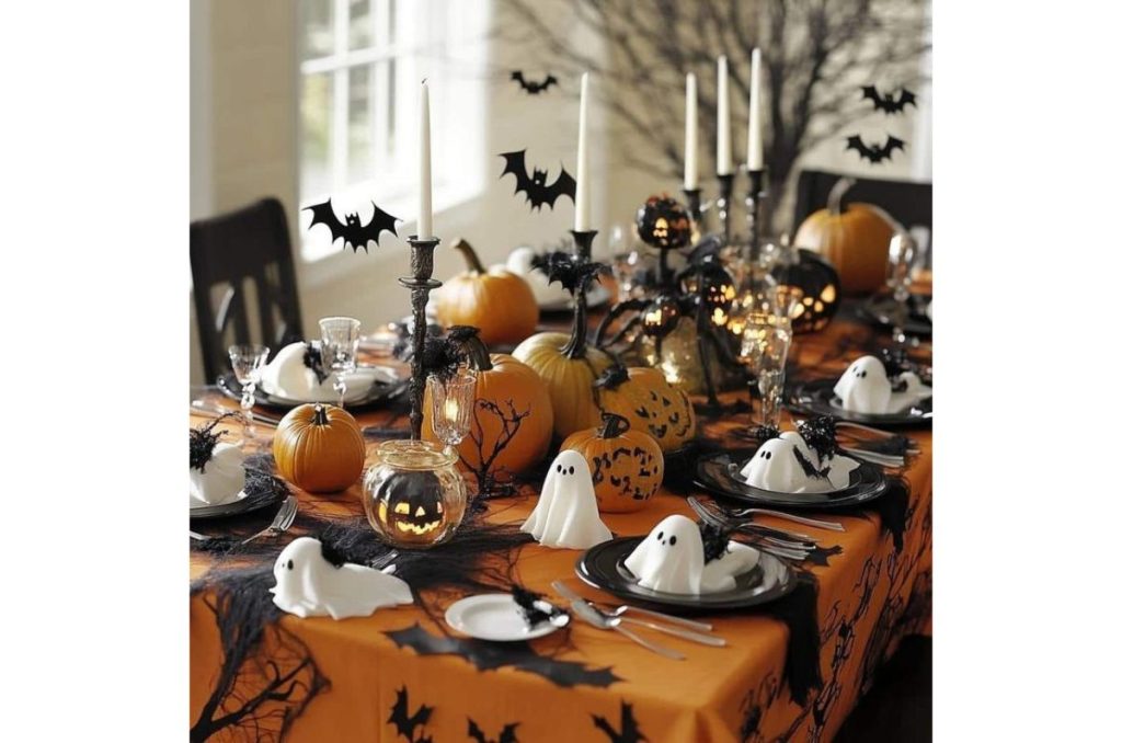 Mesa spooky season con calabazas, murciélagos y velas