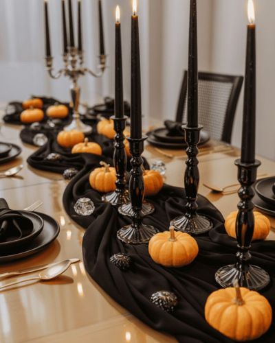 Comedor decorado con mantel negro, velas y calabazas