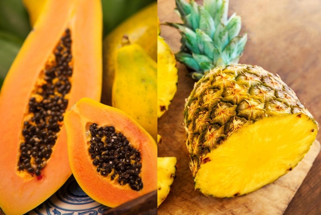 Imagen dividida en dos: a la izquierda una papaya partida a la mitad y a la derecha una piña partida a la mitad, mostrando su pulpa fresca