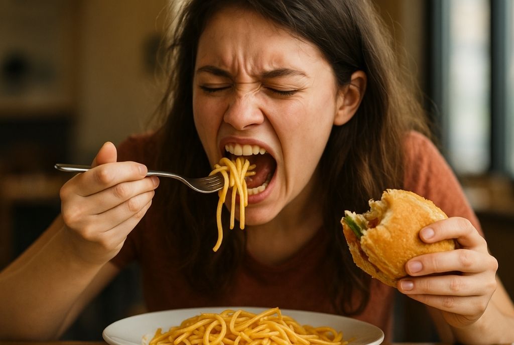 Mujer comiendo espagueti con una mano mientras sostiene un pan con la otra, mostrando una expresión de prisa al comer