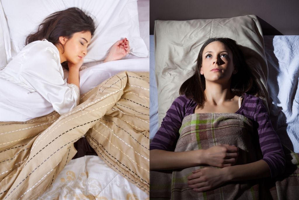Imagen dividida en dos: a la izquierda una chica dormida en la cama, a la derecha otra chica con los ojos abiertos que no puede dormir
