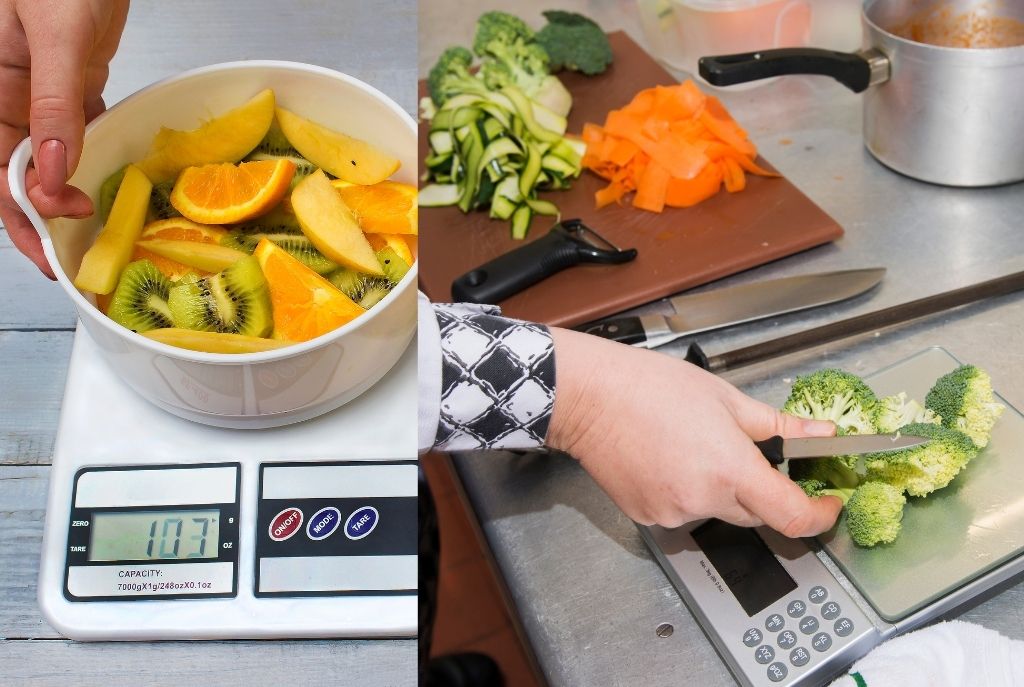 Comida siendo pesada en una báscula de cocina, mostrando la cantidad exacta de porción
