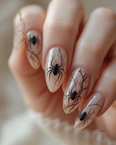 Uñas almendradas en nude con arañas en color negro