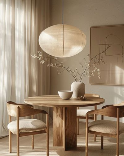 Decoración al estilo japandi con mesa redonda de madera en color claro y lampara de papel