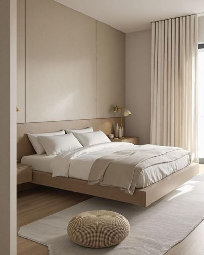 Recamara matrimonial sobre base neutra y decoración en tonos claros