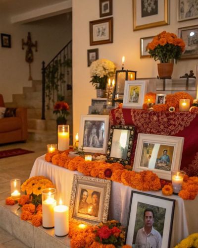 Ofrenda de muertos de varios niveles con varias fotografías