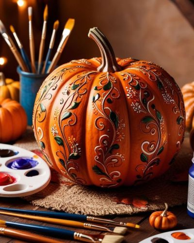 foto de una calabaza encima de una mesa, pinceles y paleta de colores al rededor de la calabaza