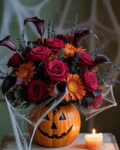 Calabaza encima de una mesa con una velita encendida a lado y muchas telarañas