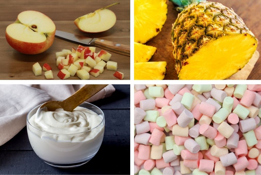 Imagen dividida en cuatro mostrando los ingredientes de la ensalada de malvaviscos: manzana cortada a la mitad y en cuadritos, piña cortada a la mitad, yogur en un bowl de vidrio con cuchara de madera y pequeños bombones de colores