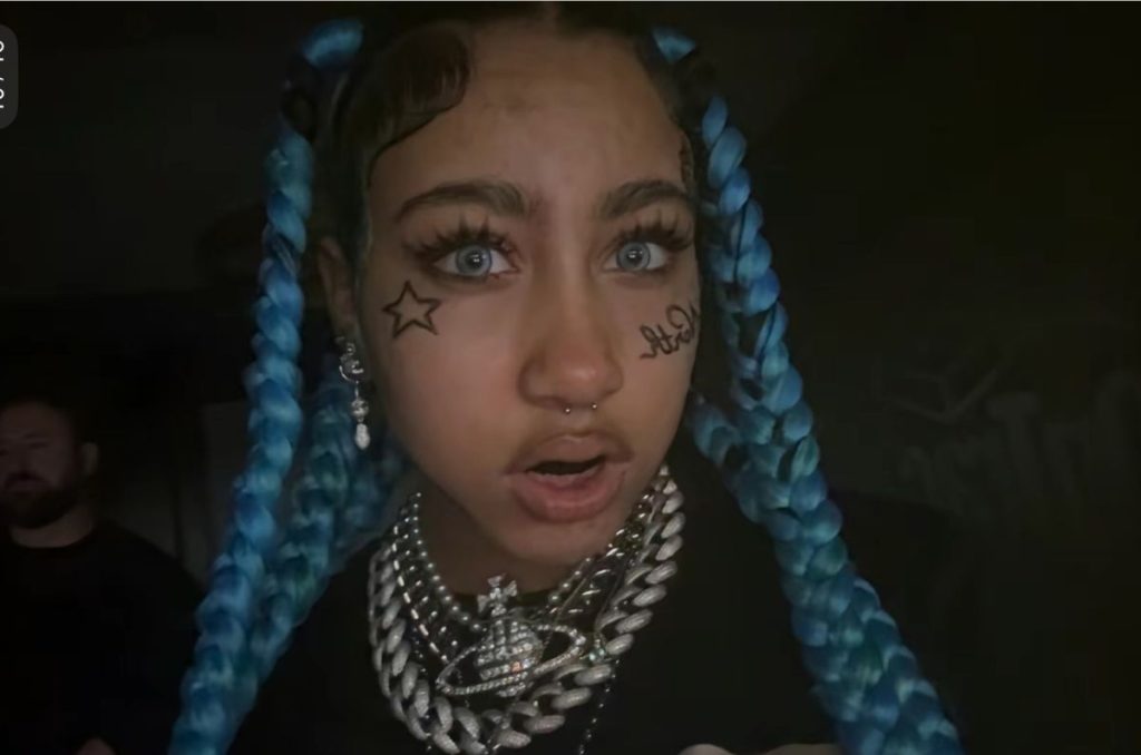 Selfie de North West usando trenzas en color azul, pupilentes y tatuajes en el rostro