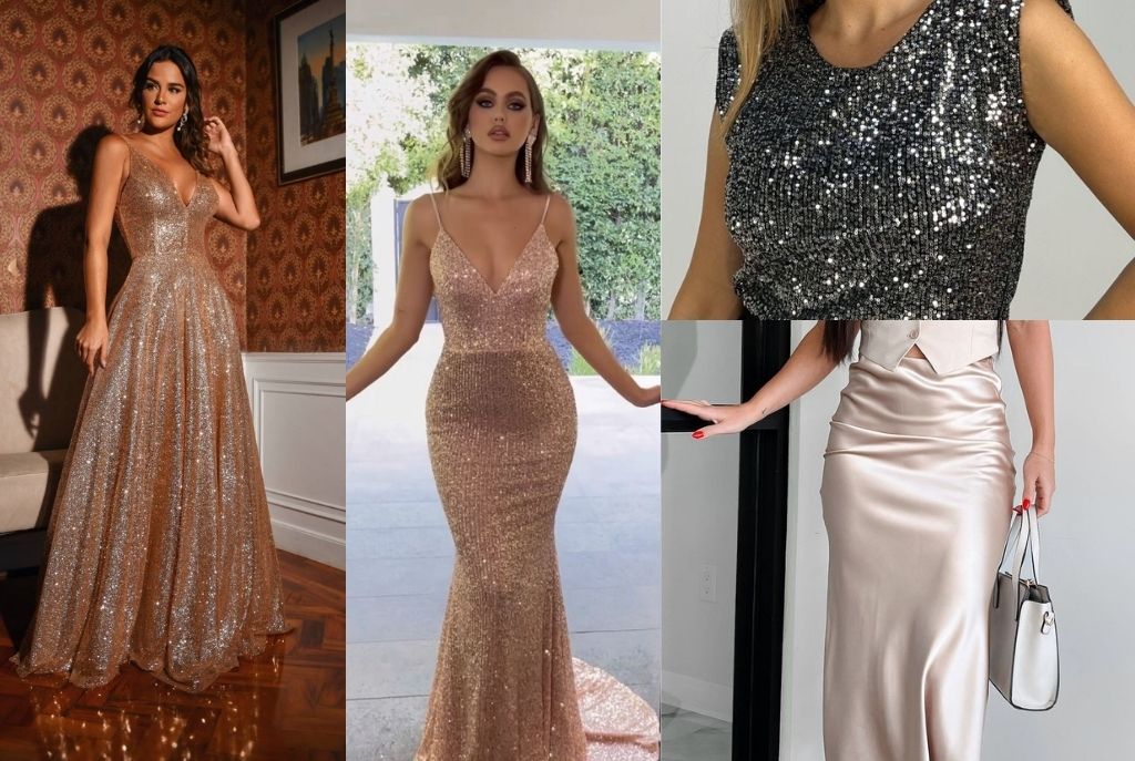 Collage de diferentes looks navideños: vestidos de noche en tonos metálicos o con detalles de brillo, blusas satinadas, vestido satinado blanco y accesorios como bolsa blanca, mostrando opciones para verte espectacular en Navidad