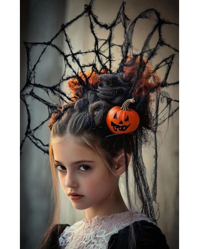 Peinados locos para Halloween: chongo alto con forma de telaraña y adornado con arañas y calabazas