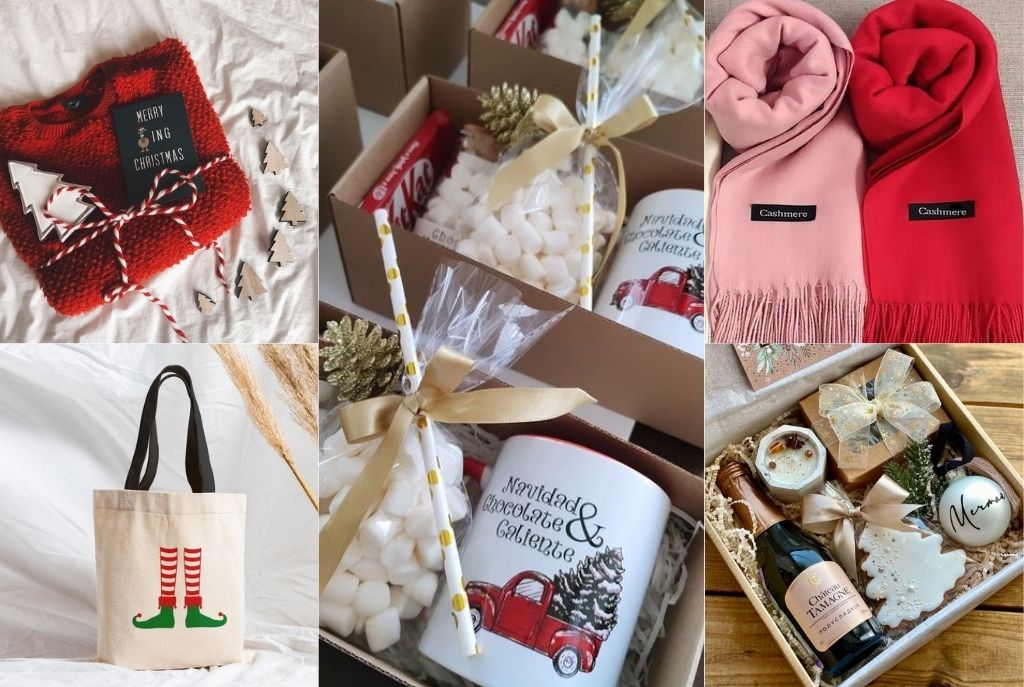 Collage de diferentes tipos de regalos navideños: tazas, dulces, bufandas, suéteres, bolsas y botellas de champán, mostrando opciones variadas para regalar