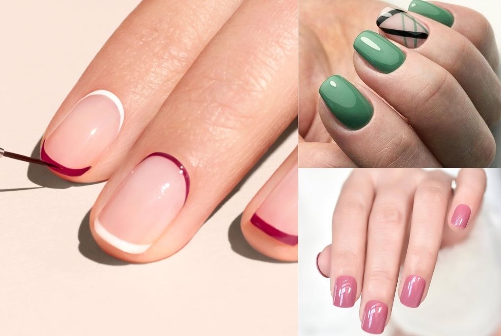 Imagen dividida en tres con diferentes diseños de uñas en forma squoval, mostrando estilos minimalistas en tonos blanco y rojo, verdes y rosas