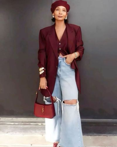Blazer XXL en color vino + pantalones wide leg