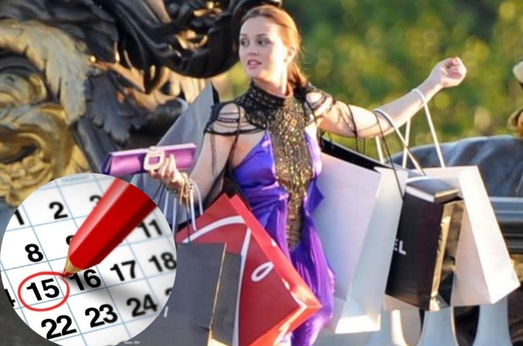 Mujer con bolsas de compras e icono de calendario marcado en el número 15