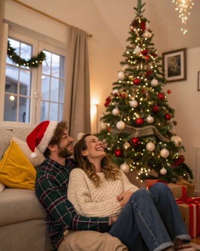 Novio y novia bajo el árbol de Navidad