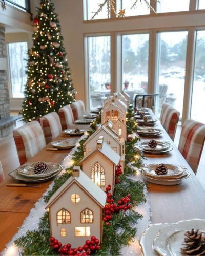 Decoraciones navideñas con pino y casas miniatura