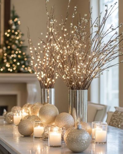 Decoraciones navideñas cálidas en tonos metálicos con ramas secas, luces LED y esferas doradas