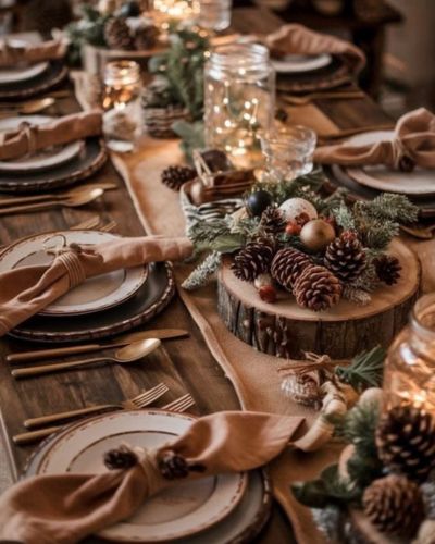 Centrros de mesa rústicos con piñas y tonos tierra