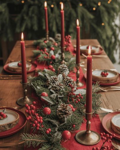 Decoraciones navideñas con velas y piñas