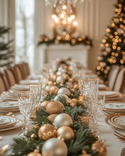 Decoraciones navideñas con esferas y pino