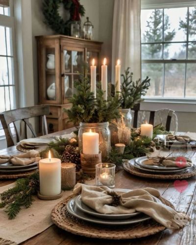 Decoraciones navideñas con pino y velas