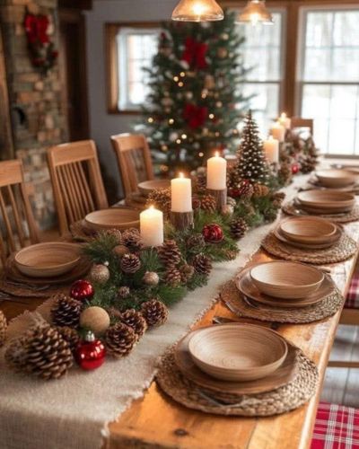Decoraciones navideñas con velas y piñas