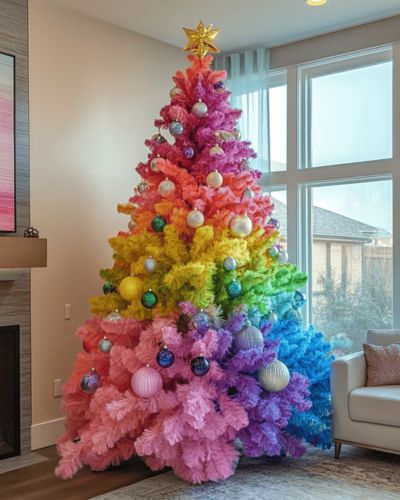 Árbol arcoíris con esferas de colores