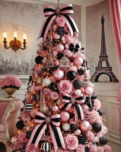 Árbol decorado con moños bicolor rosa + negro 