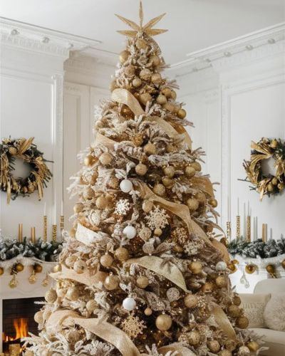 Árbol con escarcha y decoración dorada