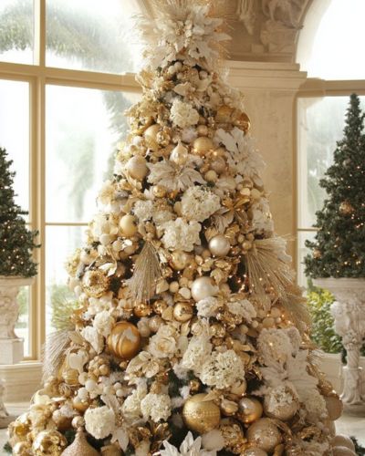 Árbol con escarcha y decoración color dorado + blanco