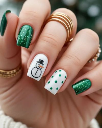 Uñas cortas en color verde y blanc