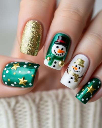 Manicure con mezcla de técnicas en color verde, blanco y dorado