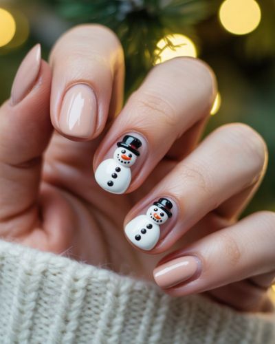 Uñas cortas nude con muñecos de nieve 