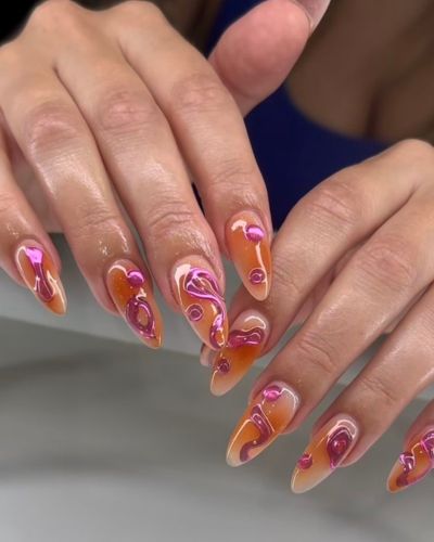 Diseños de uñas para el concierto de Bad Bunnyu con efecto aura + efecto espejo