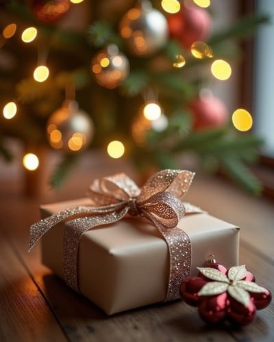 Regalo navideño con papel dorado cerca del árbol de navidad