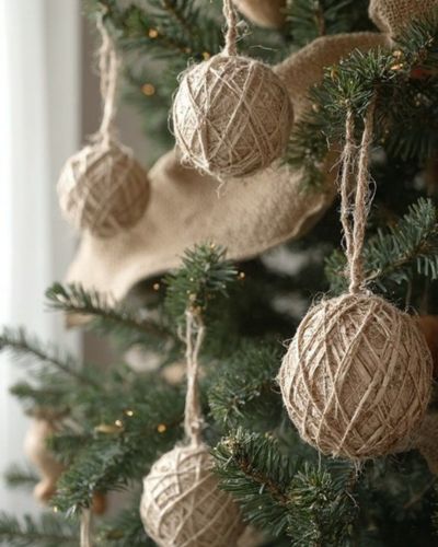Esferas de tela en tonos neutros sobre árbol verde