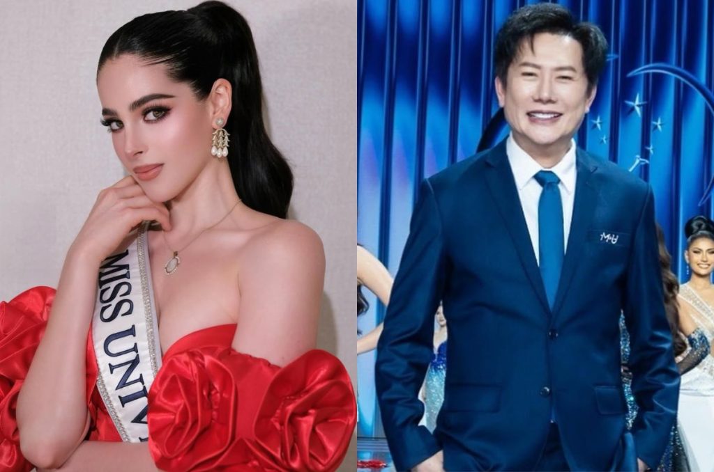 Fátima Bosch vistiendo vestido rojo y Nawat Itsaragrisil en traje azul