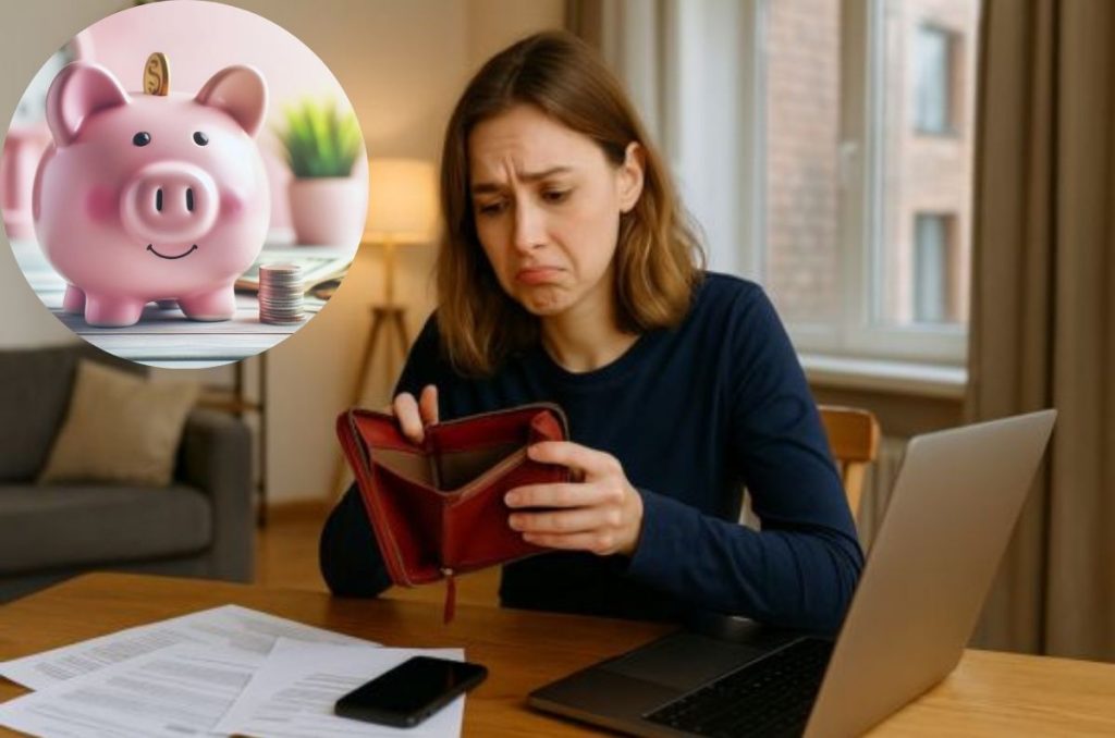 Mujer sin ahorros y en la parte superior cochinito con ahorros