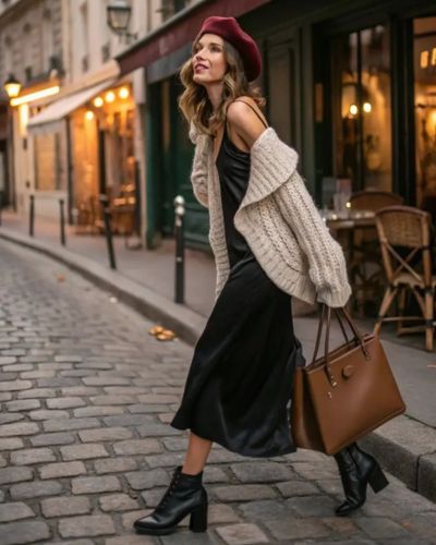 Outfit con slip dress para invierno