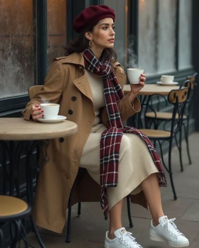 Looks con vestido de punto largo, gabardina y boina