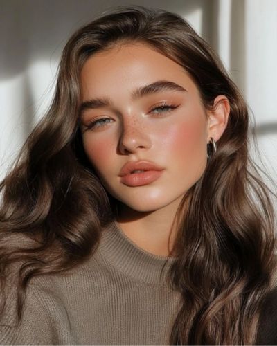 Look de ojos, rostro y lanios en tonos nude y durazno